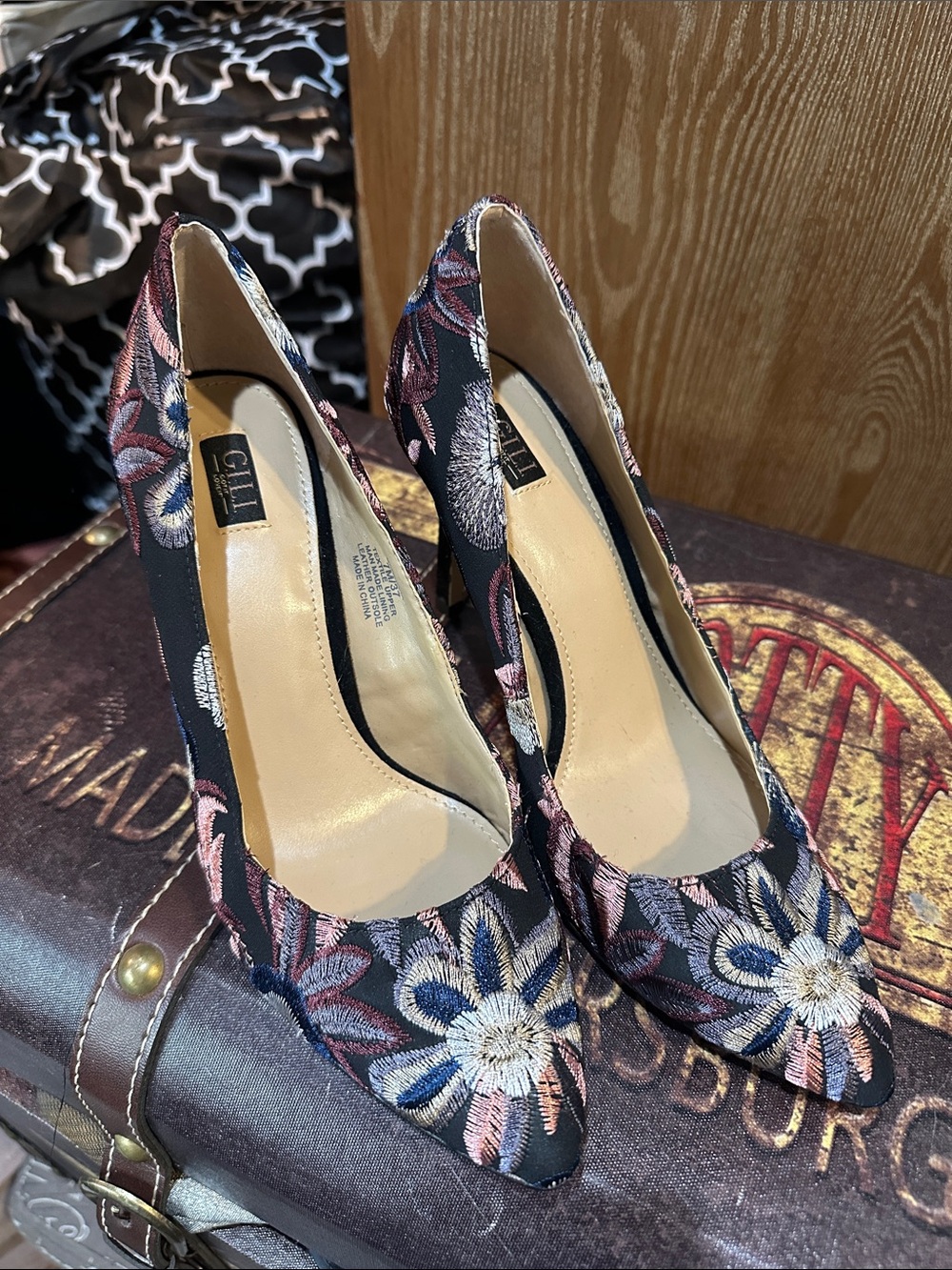 G.I.L.I. Black Floral Embroidered Pointed-Toe Pumps with Pink & Blue Accents